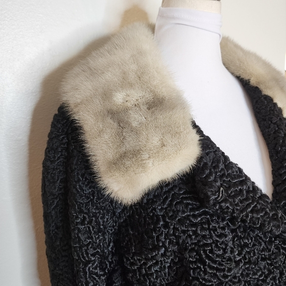 Vintage 1950s Persian Curly Lamb Coat Mink Collar Fort Fur Co. Luxury Jacket - Picture 4 of 15